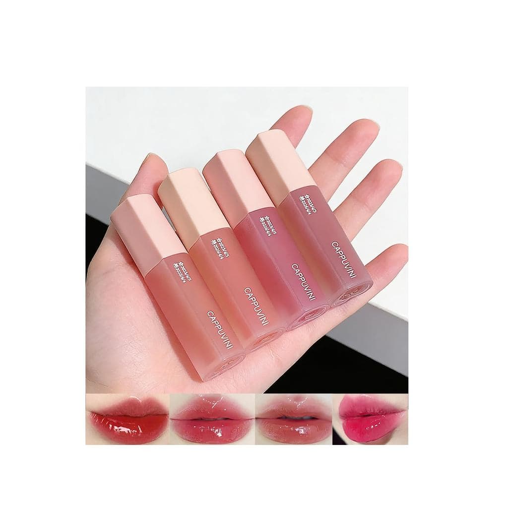 Conjunto de 4 Cores de Brilho Labial Juicy Love, Batom Líquido Hidratante em Forma de Coração, Brilho Labial Fofo e Hidr