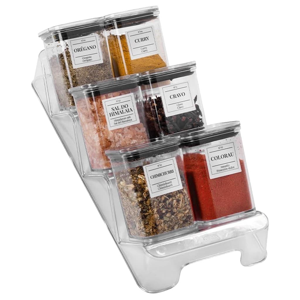 Porta Condimentos Com 6 Potes Organizador Com Base Cristal Transparente Tempero Cozinha