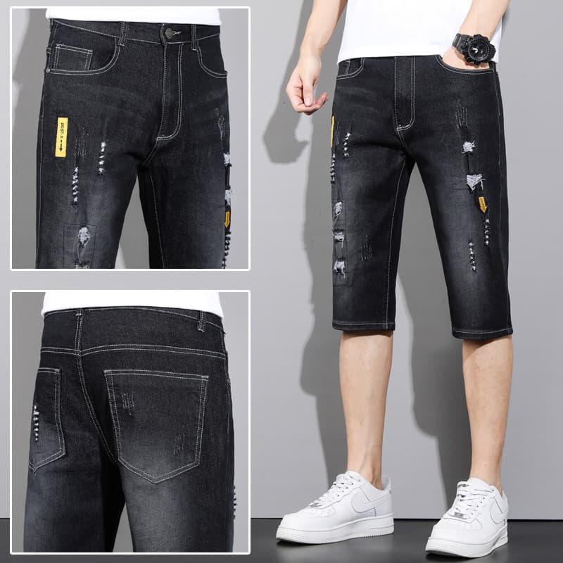 Verão fino cortado Jeans masculino calças jovens versão coreana Street Wear solto preto rasgado Shorts calças cortadas m