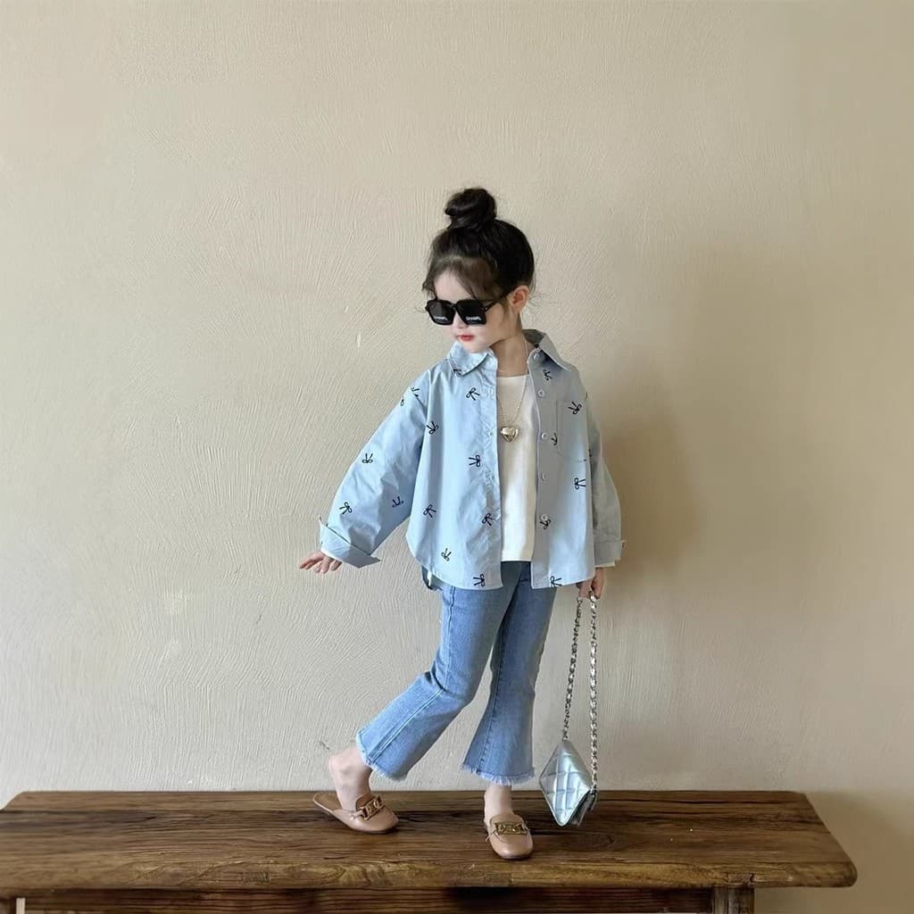 Meninas terno Casual 2026 primavera versão coreana camisa de manga comprida jaqueta camisa de fundo Jeans calças largas