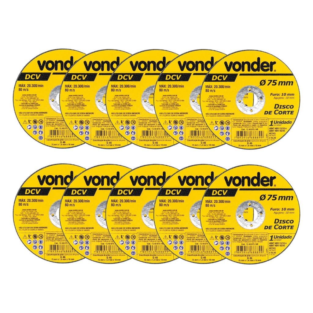 Kit com 10 Discos de Corte 75mm x 1,4mm x 10mm DCV Vonder Alta Precisão e Corte Rápido para Metal