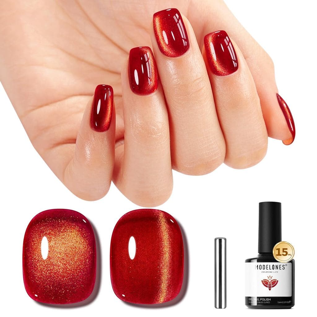 modelones Esmalte em Gel Olho de Gato Vermelho com Glitter Magnético Dourado Holográfico Vermelho Rubi, Gel Refletivo Tr