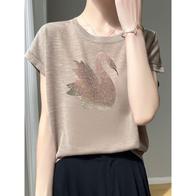 Legal Slub cânhamo malha de manga curta camiseta feminina indústria pesada cisne quente diamante gelo seda em torno do p