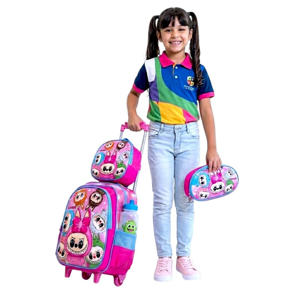 Kit Mochila Infantil Com Rodinhas rosa Lancheira térmica e estojo