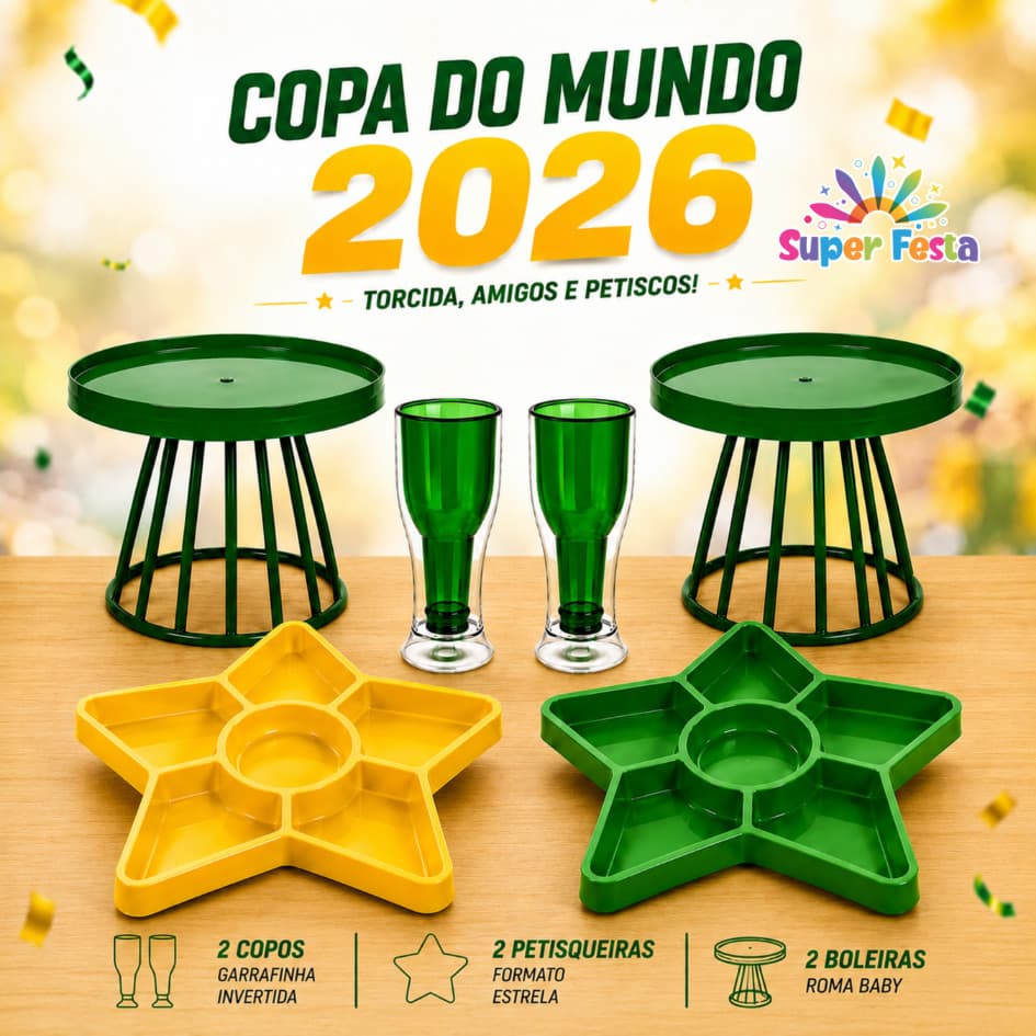 Copa do Mundo Kit 6 Peças 2 Copos Garrafinhas Invertida 2 Petisqueira estrela 2 Petisqueira estrela 2 Boleiras Roma Baby