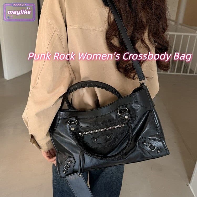 Bolsa Feminina De Couro Genuíno Punk Rock Crossbody Com Alça Espelho Portátil