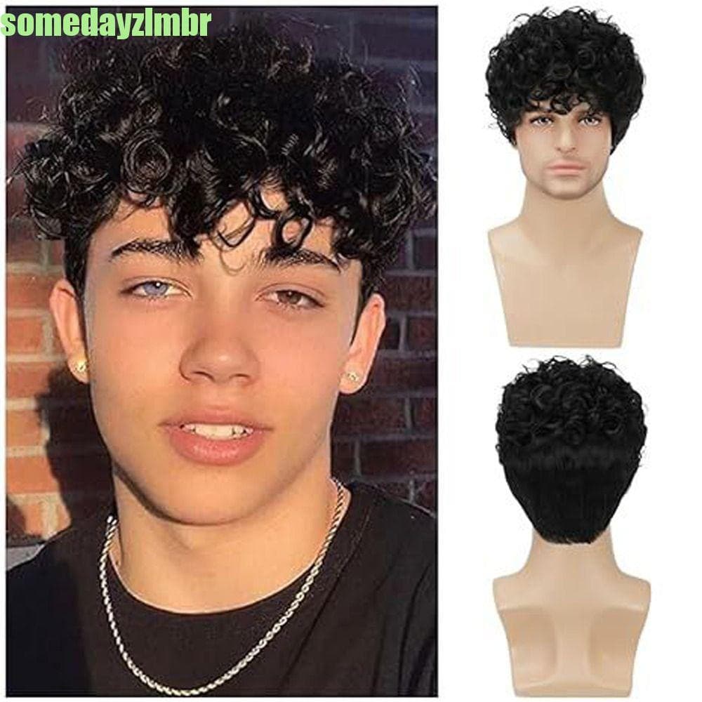 SOMEDAYZL0M Perucas Afro Encaracoladas Masculinas , Peruca Preta Curta Sintética De Halloween Rocker Masculina Natural D