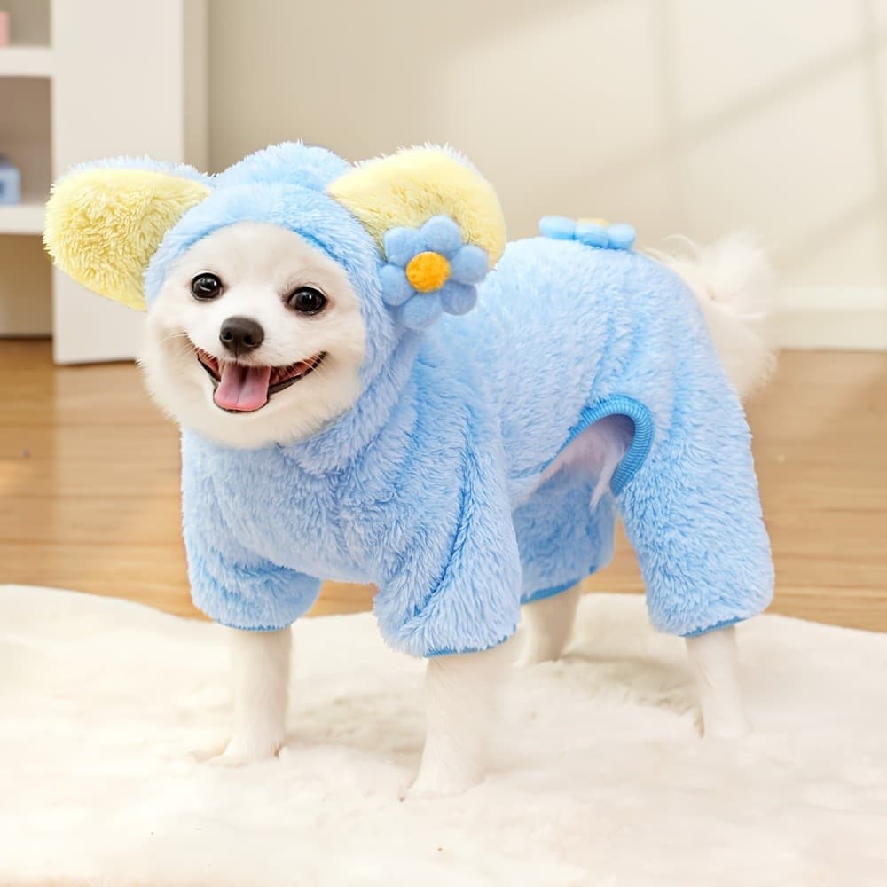 Macacão de Quatro Patas para Cães Pequenos com Capuz e Decoração de Flores, Estilo Adorável, Macacão Quente de Inverno/O