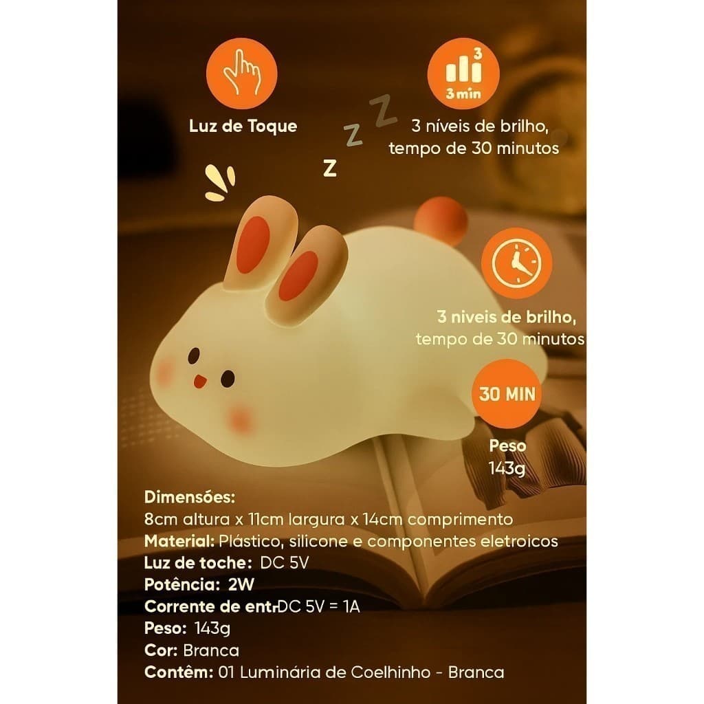 Luminária Infantil Coelho LED Abajur Luz Noturna Quarto Bebê Decor