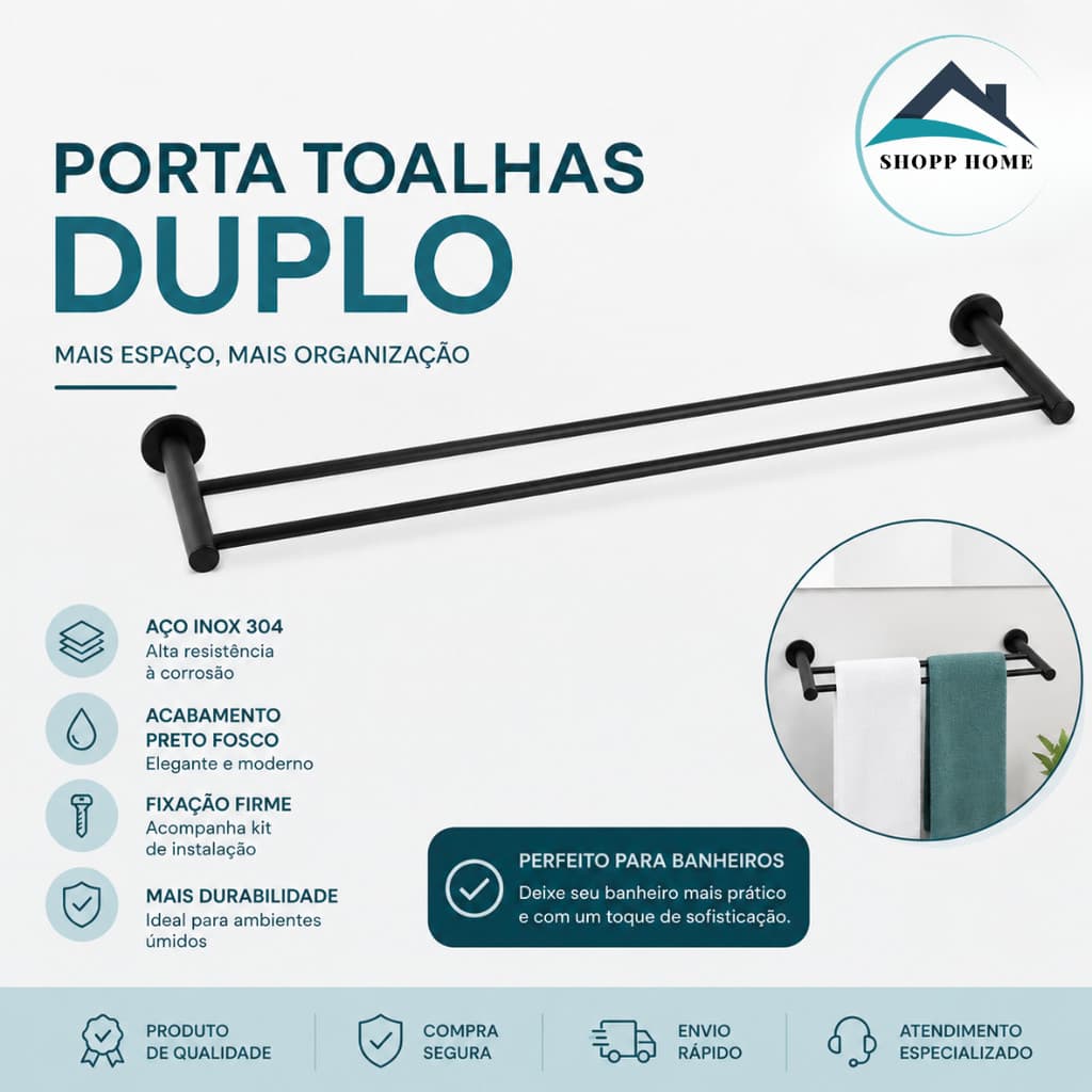 Porta Toalha Duplo de Parede Preto Fosco Luxo Premium Para Banheiro