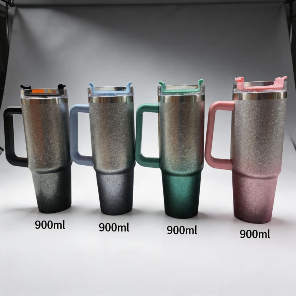 Copo Térmico Diamond 900ml com Alça e Canudo Inox – Glitter Degradê Azul, Parede Dupla, Gelado e Quente,super qualidade