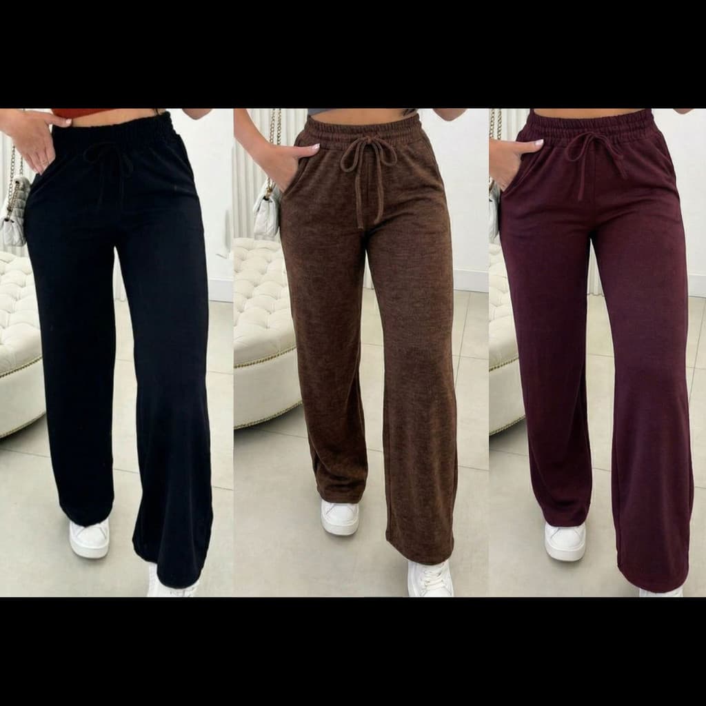 KIT 3 Calça Pantalona cintura alta feminina Com Bolso Com Elastico Confortavel Tecido Lanzinha Outono Inverno Promoção