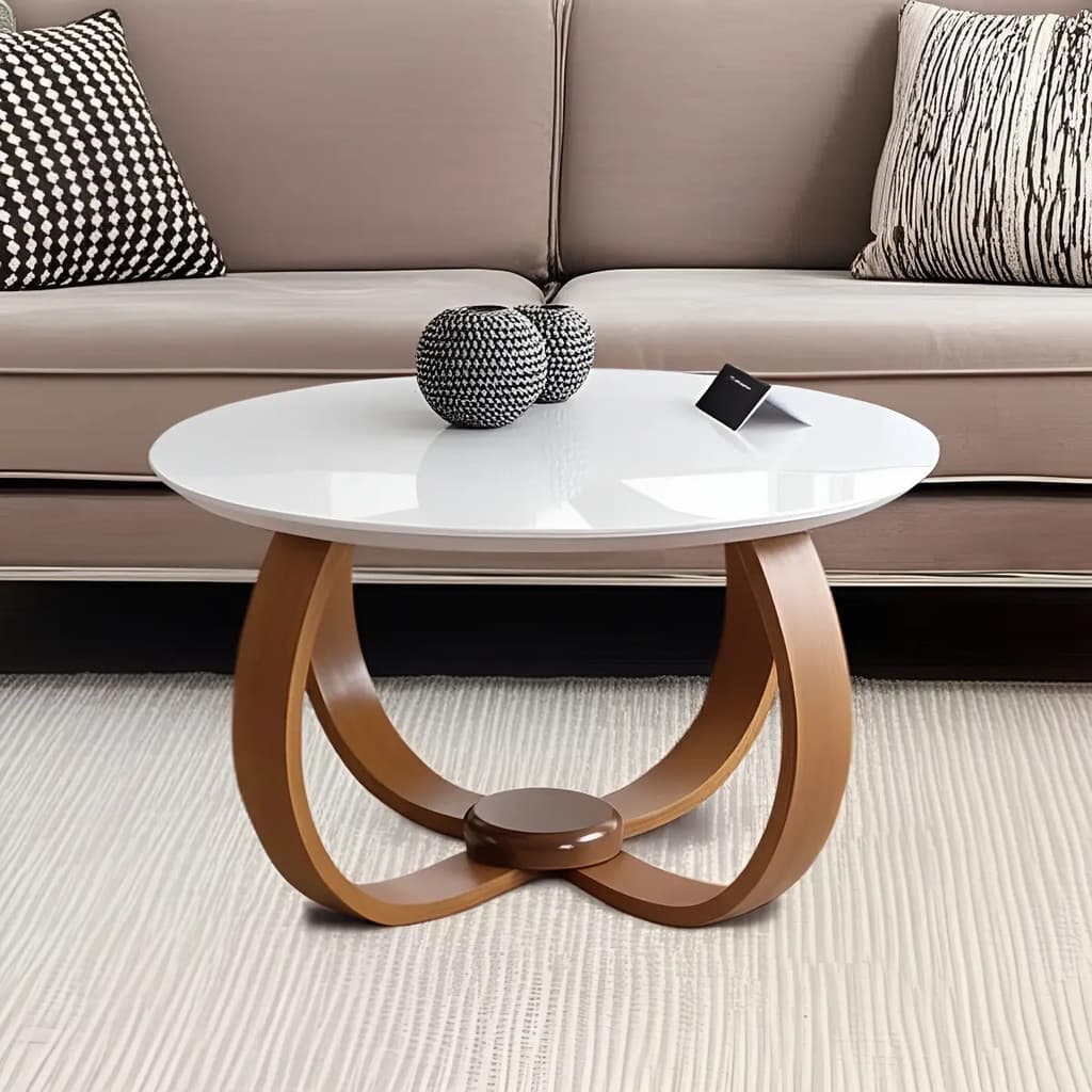 Mesa De Centro Redonda Base Cebola Mdf Tampo Laca E Vidro Cor Branco 60x40