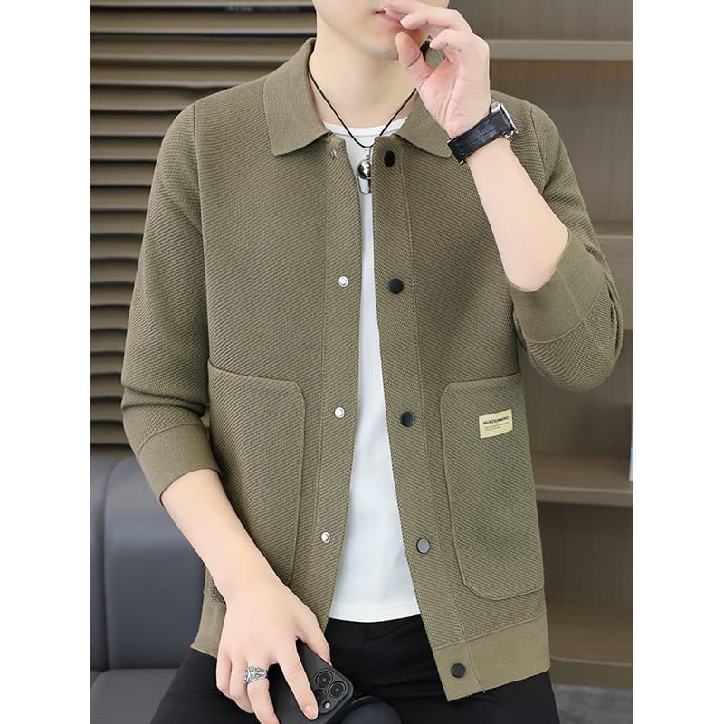 Primavera outono novo estilo lapela Cardigan camisola masculina versão coreana Casual High-End estilo fino malhas jaquet