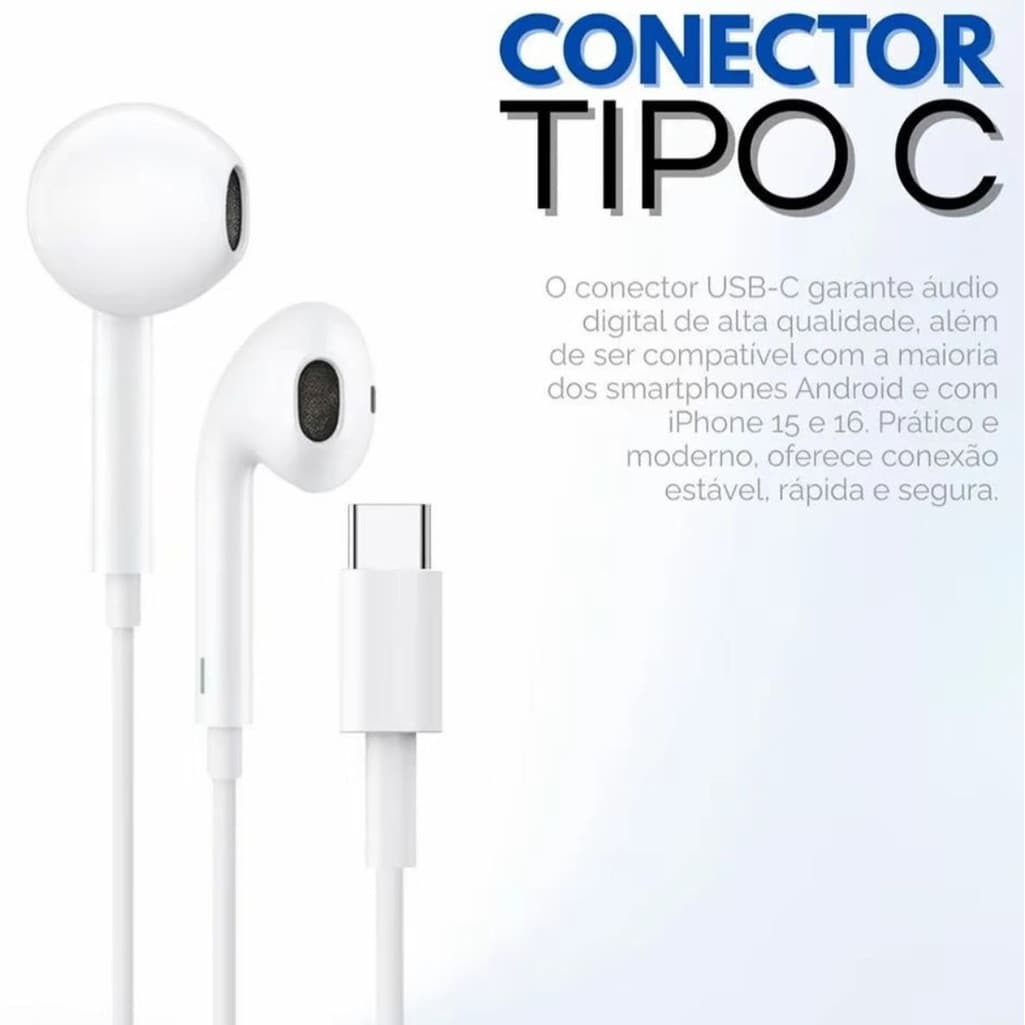 Fone De Ouvido Tipo-c p/ Phone 15 Pro 16 17 Galaxy S10 S20 S22 A50 A70 Cor Branco