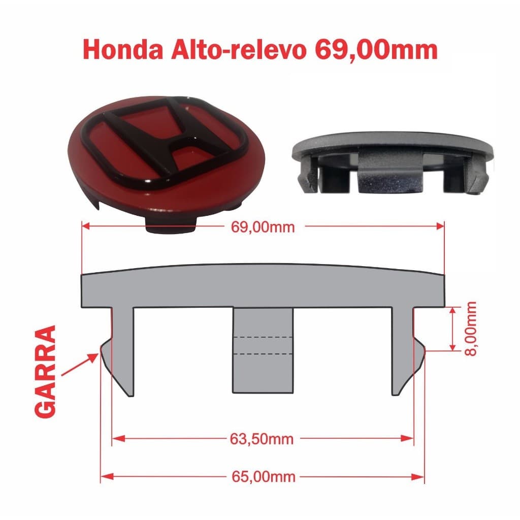 Calotinha miolo centro roda liga lev NEW CIVIC CRV HRV ACCORD Calota Centro 69,00mm Honda vermelho alto-relevo preto 3D