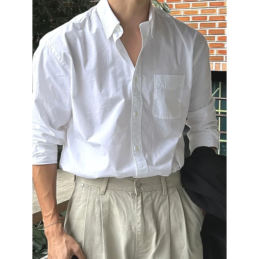 Camisa masculina retrô americana de linho de algodão puro, textura respirável, bolso solto, manga comprida, linho enruga