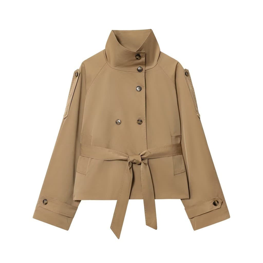 Casaco Trench Coat Marrom de Manga Longa com Duplo Cordão e Botões SDV8