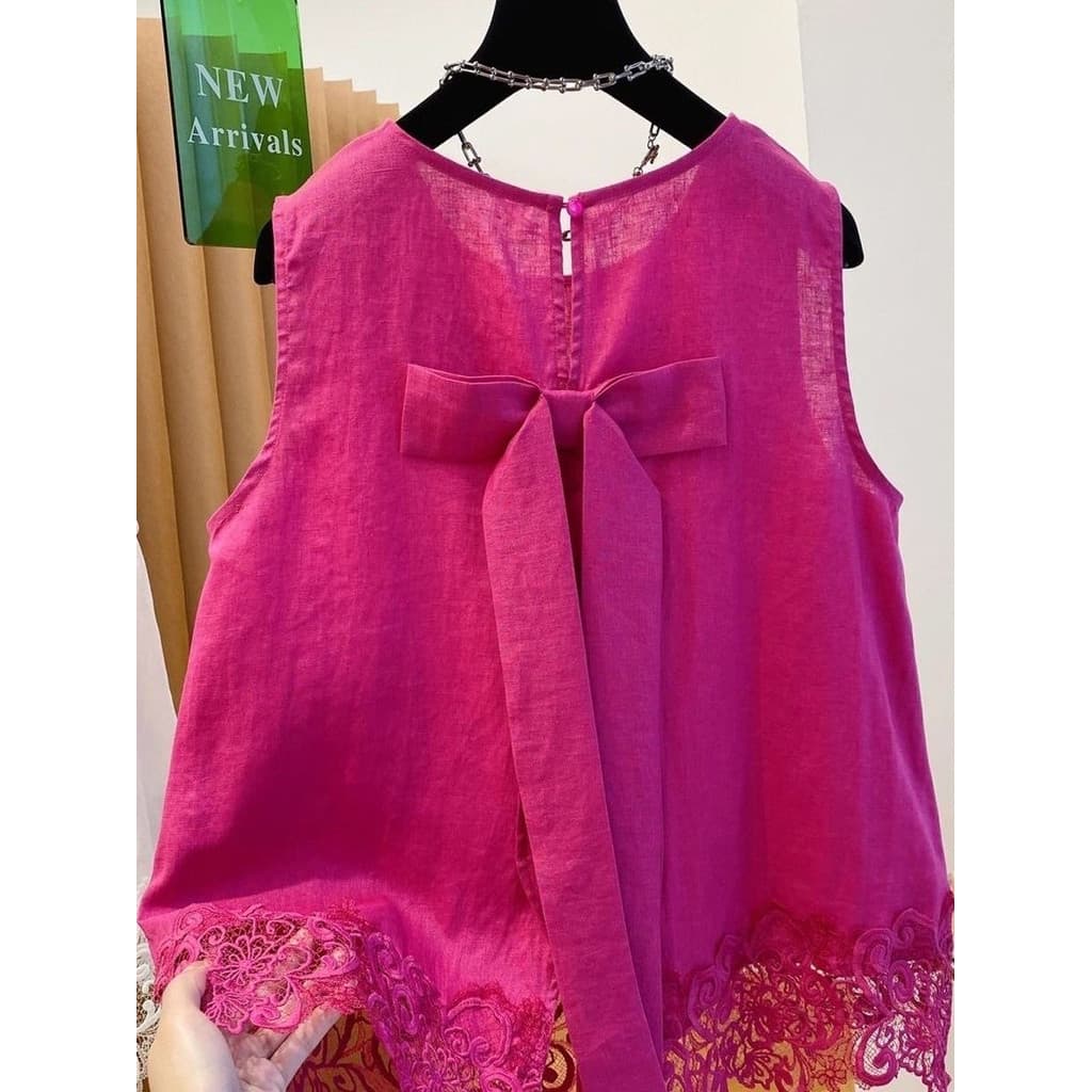 High-End puro linho topo feminino sem mangas colete 2025 novo estilo chique único bonito Bowknot pequena camisa do bebê
