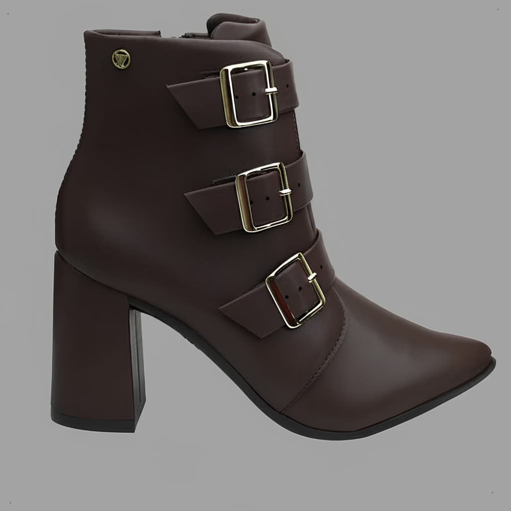Bota Feminina VIA UNO Bico Fino com 3 Fivelas Cano Curto Salto Elegante Fashion