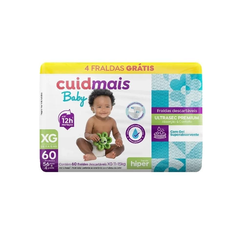 Fralda Infantil Cuidmais Baby Hiper XG 60 Unidades