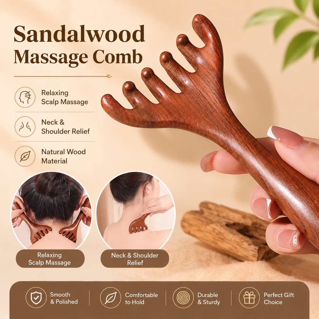 Escova de Massagem para Couro Cabeludo em Madeira de Sândalo com Pontas de Chifre de Veado |   Pente de Madeira Antiestá