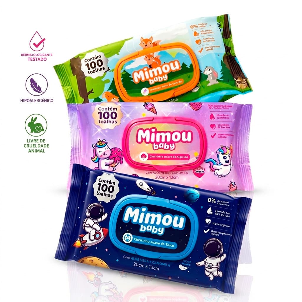 Kit Com 03 Lenços Umedecidos Para Bebê Hipoalergênico Mimou baby