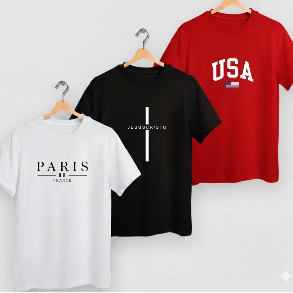 Kit 3 camisetas juvenil e infantil estampa paris jesus cristo usa blusa premium de algodão tam 02 a 16