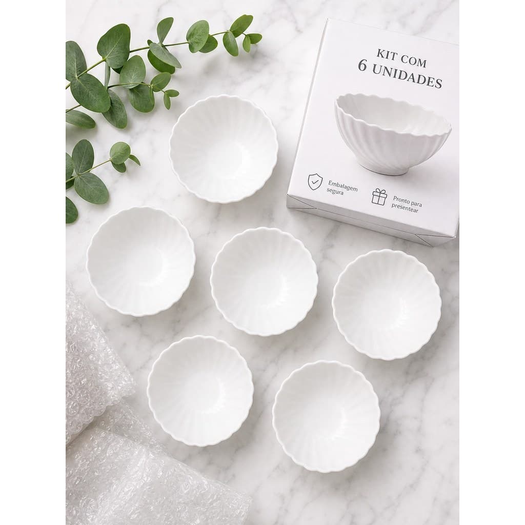 Kit de 6 Bowls Cumbucas Tigelas Tipo Porcelana Branca Para Sopas Caldos Sobremesas 480ml Premium