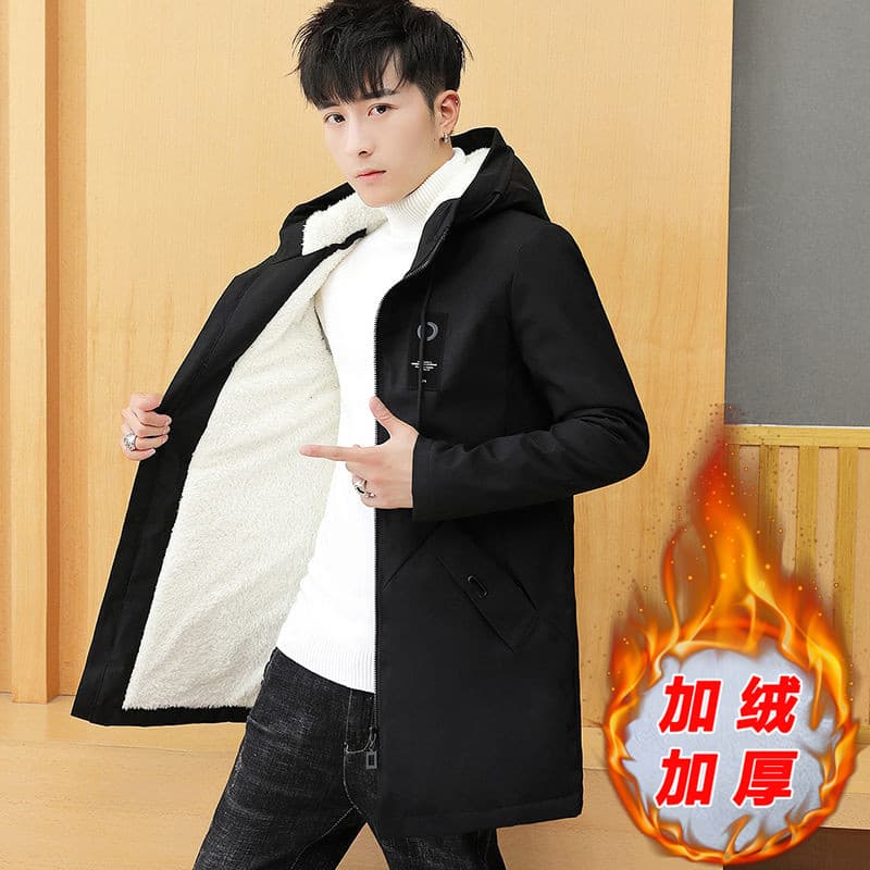 Jaqueta acolchoada de inverno masculina de comprimento médio com capuz jaqueta acolchoada forro de lã engrossado jaqueta