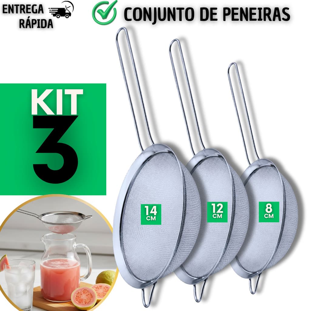 Combo Peneira Coador Manual Em Aço Inox Para Cozinha 14cm ,10cm e 8 cm Casa Buffet Confeitaria Restaurante