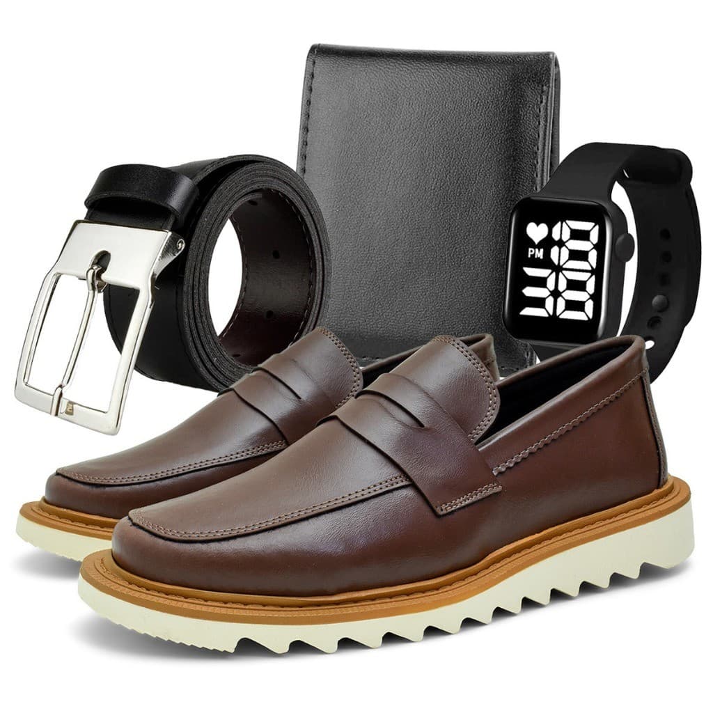 Sapato Mocassim Masculino Casual Social Confortável Elegante Trabalho + Carteira Cinto Relogio