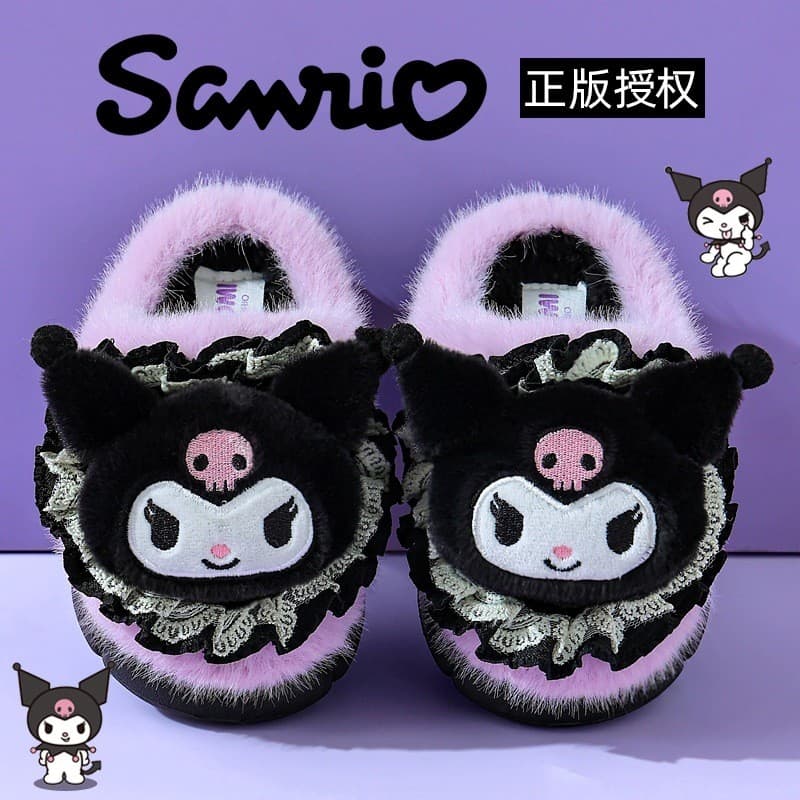 Kuromi chinelos de algodão infantis meninas inverno interior bonito kuromi antiderrapante quente lã-velo chinelos de pel