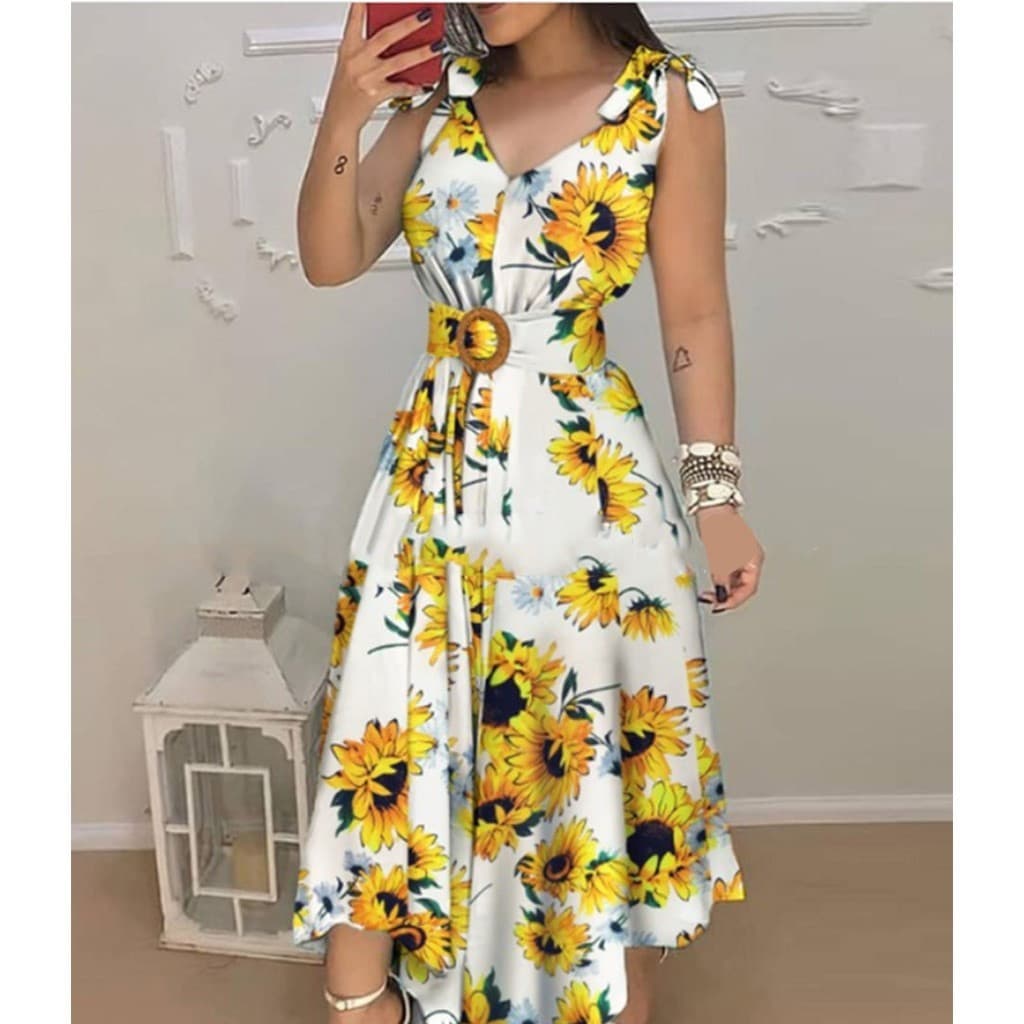 Saia longa feminina estilo boêmio com estampa Floral e decote em V sem mangas com cinto BU8G VIRA