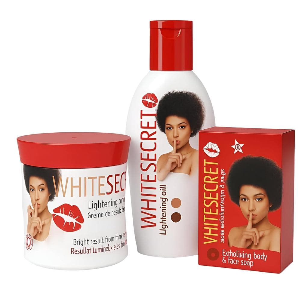 WHITE SECRET Conjunto Corretor de Tom 3 em 1 – Óleo Corporal, Creme Facial e Sabonete – Conjunto de Cuidados com a Pele