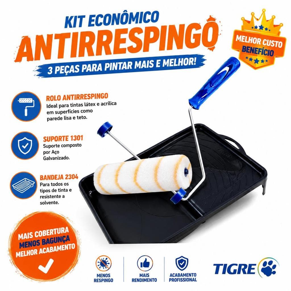 Rolo e Bandeja para Pintura da Tigre Kit Rolo de Lã 23cm Bandeja e Suporte de Rolo Kit Pintura Tigre