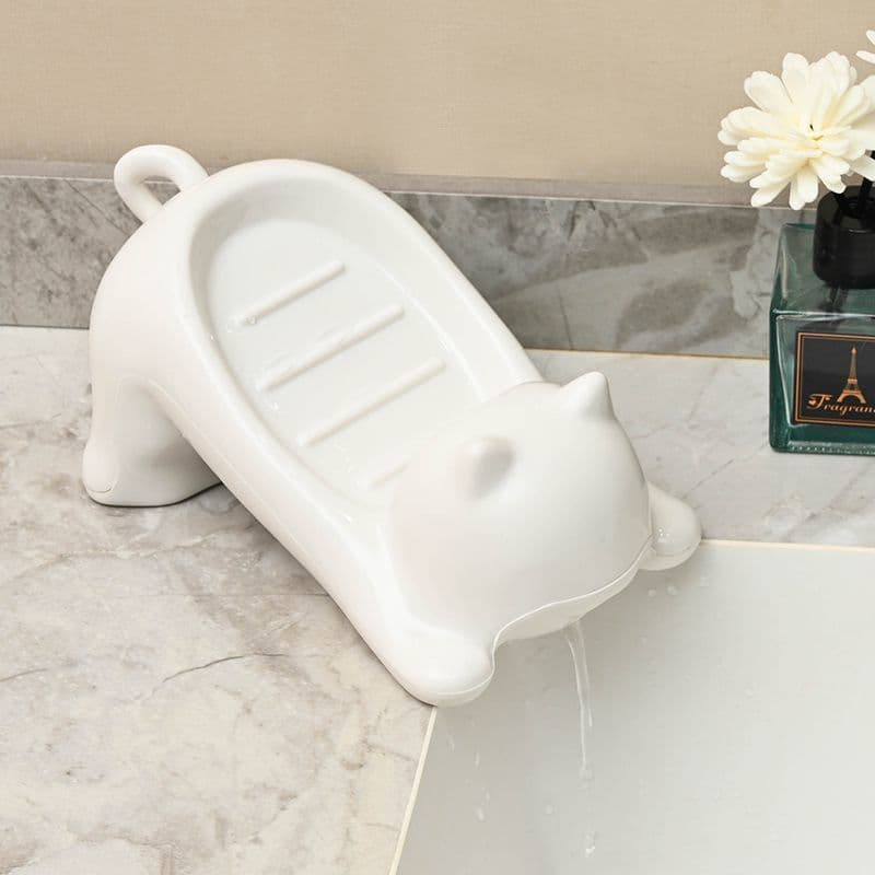 Saboneteira Criativa em Forma de Gato de Desenho Animado, Bandeja de Sabonete de Plástico com Drenagem, para Lavabo do B