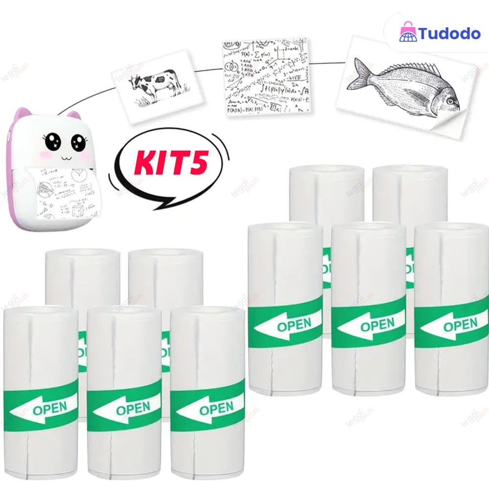 Pacote com 5 Rolos de Etiquetas Adesivas Contínuas 55mm para Impressora Gatinho