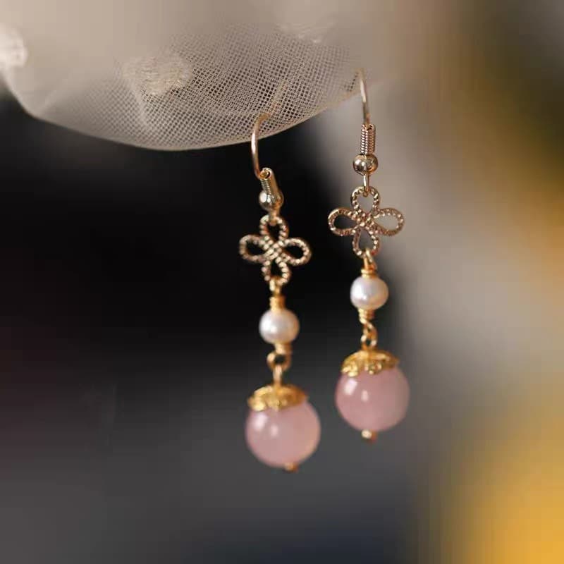 [Estoque pronto] Brincos de imitação de estilo chinês rosa fresco estilo chinês suave doce temperamento brincos clássico