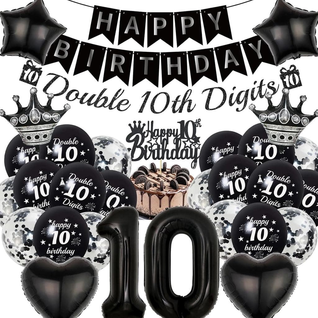 Decorações de Aniversário de 10 Anos para Meninos em Preto - 31 Peças de Decoração de Festa com Números Duplos de 10, In