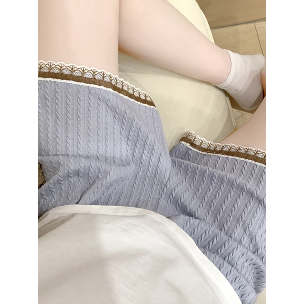 Calças de pijama senhoras Shorts verão Jacquard puro algodão High-End pequena renda Casual pode usar fora azul casa calç