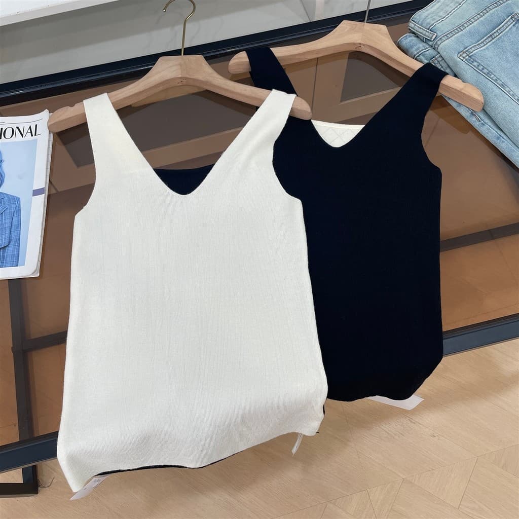 Camisola verão diária All-Match simples cor sólida com decote em V malha topo fino ajuste mais magro olhar I#7
