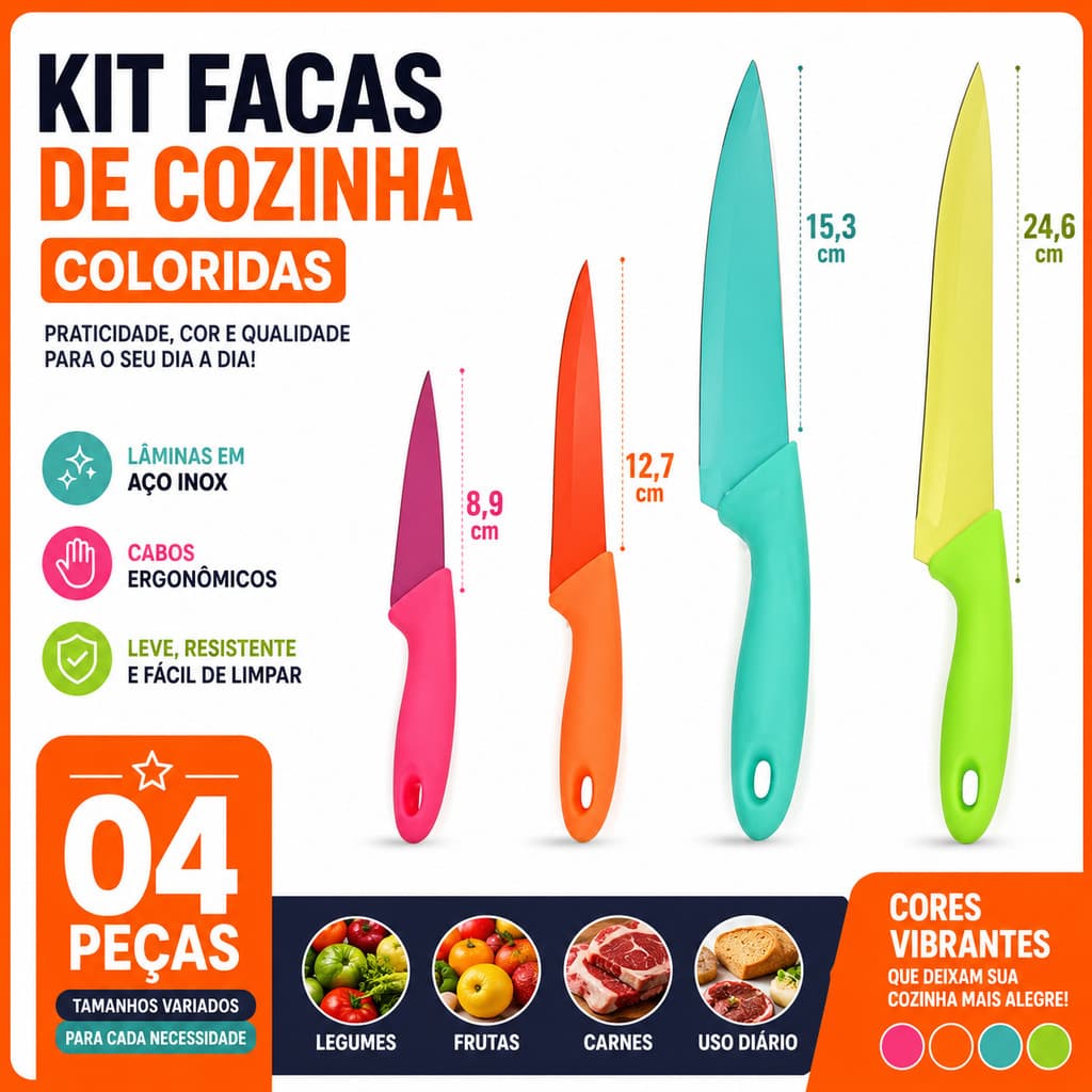 Kit Facas De Cozinha Inox 4 Peças Coloridas Jogo Completo Multiuso