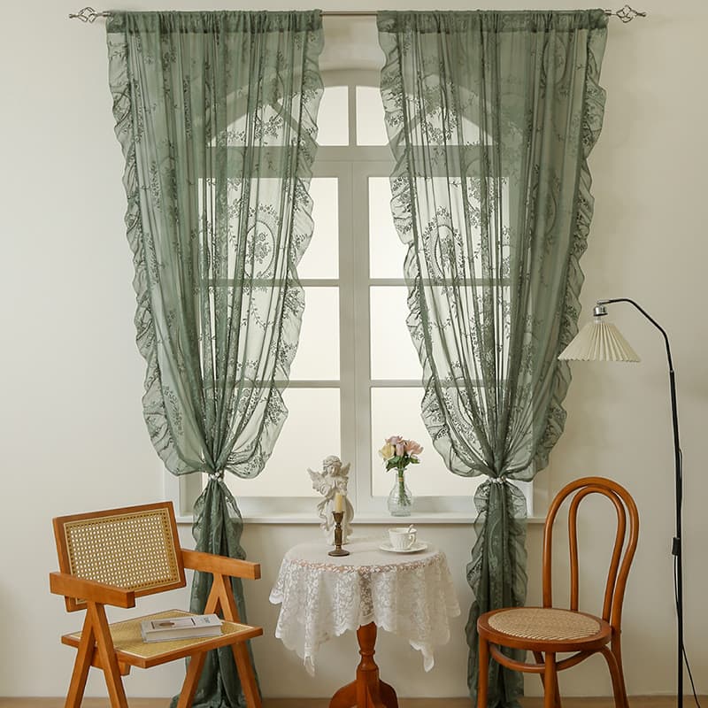 Cortina de gaze de renda com babados pastorais franceses Cortina Semi-Blackout Atmosfera suave Sala de estar Quarto Jane