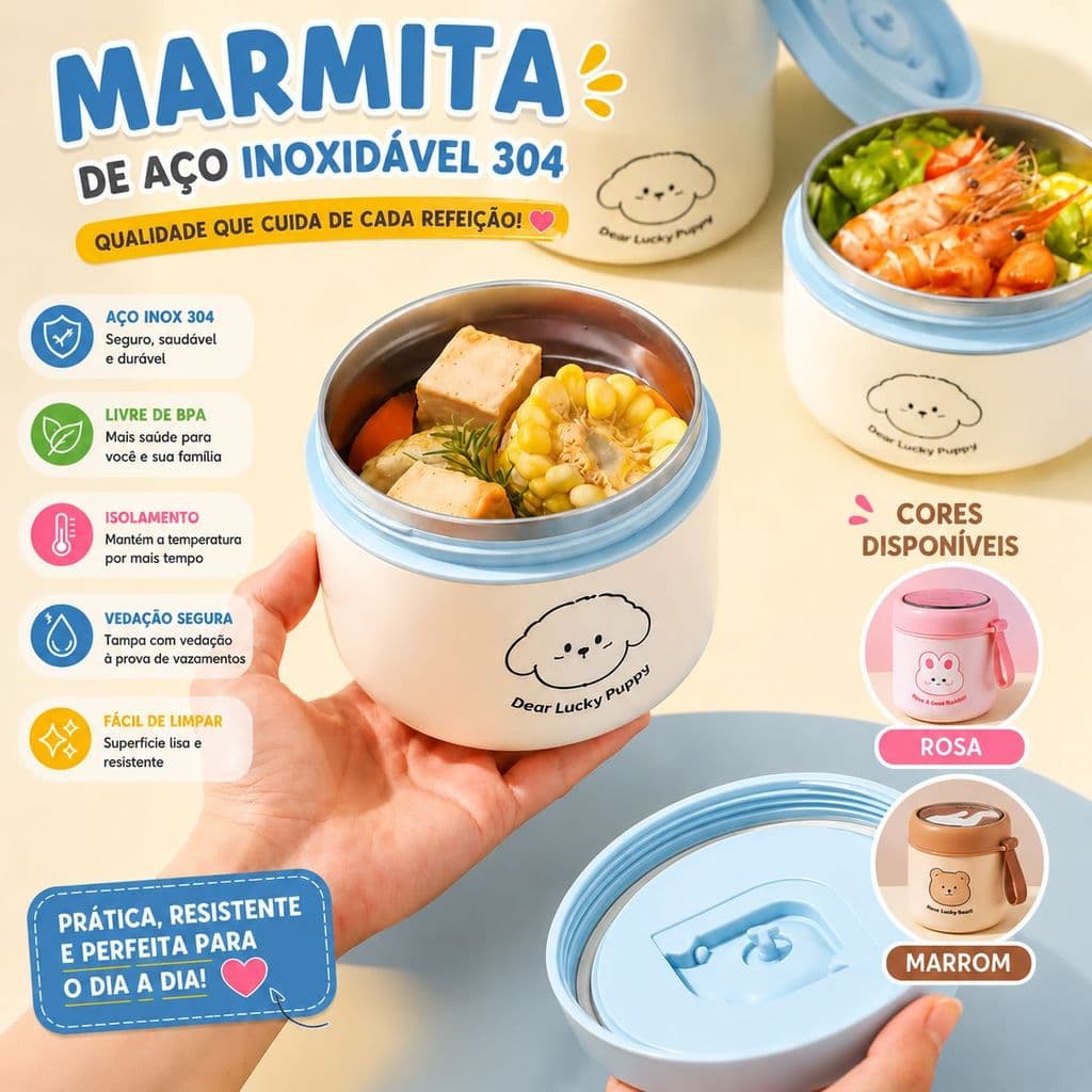 Marmita Térmica Infantil 530ml Aço Inox 304 Com Colher Tampa Vedada Azul Rosa Marrom Lancheira