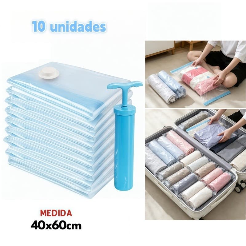 Kit 10 Saco À Vacuo Com Bomba 60x40cm Organização Otimização De Espaço Mala Guarda Roupas