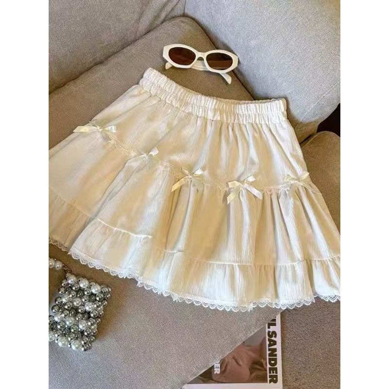 2025 [Linda] Saia Bowknot Primavera Verão Outono Inverno Cintura Alta Bolo Novo Estilo Saia Bufante de Renda