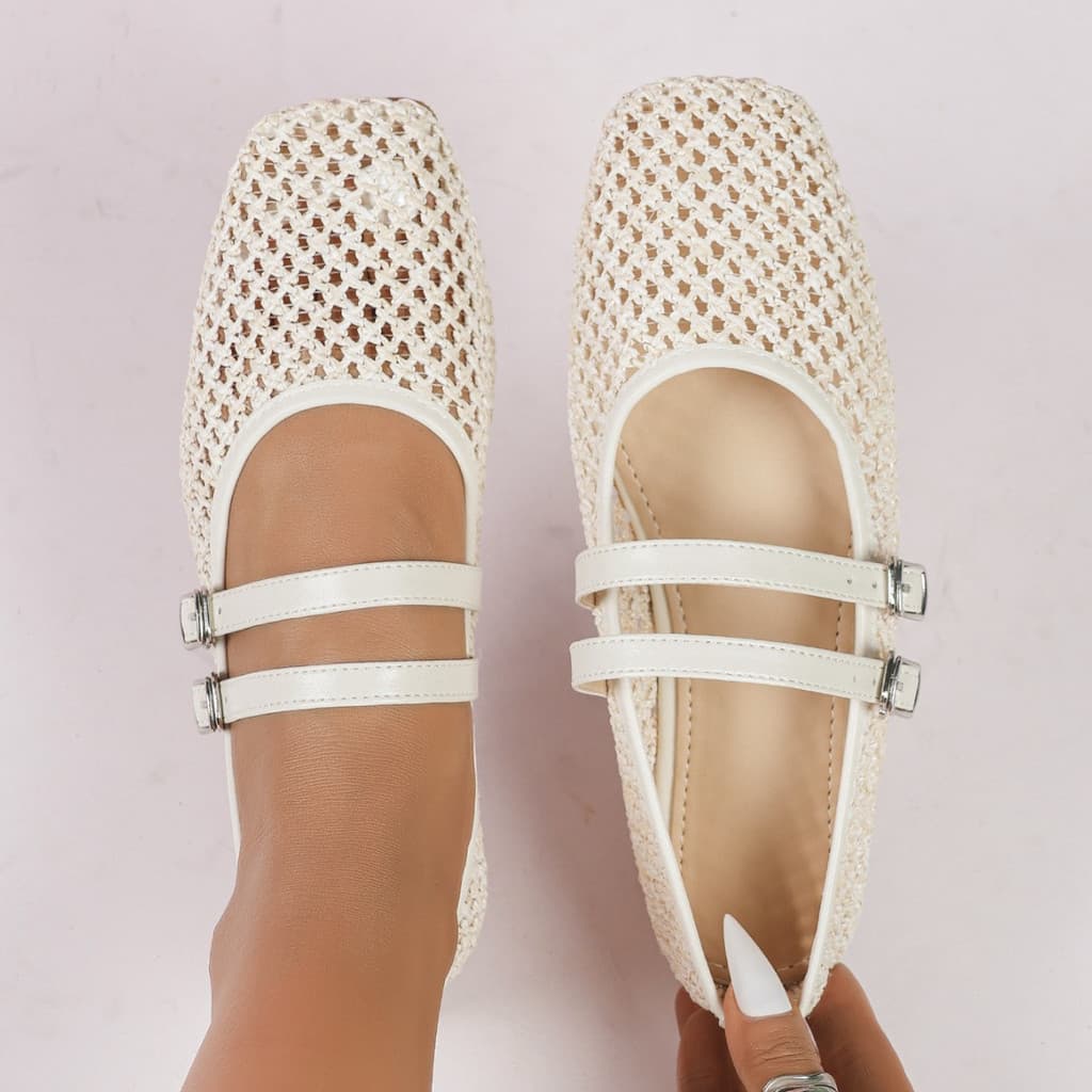 Bailarinas novo estilo oco respirável tecido Fishnet boca rasa All-Match estilo francês plana sandálias Mary Jane