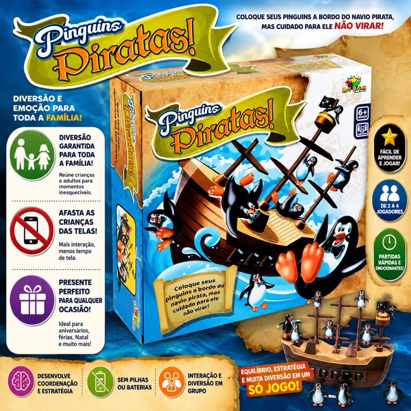 Brinquedo Navio Pinguins Pirata Jogo Mesa Tabuleiro Família