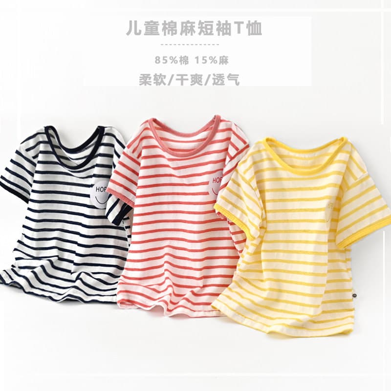 Estilo japonês algodão linho estilo crianças listrado camiseta meninos meninas em torno do pescoço de manga curta camisa